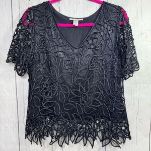 Silken Poetry 100% Silk Hand Crochet Black Lace Top XL Boho Luxe Cottagecore